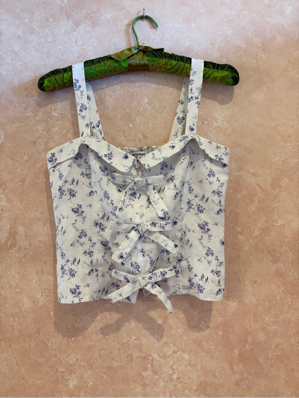 Reformation White Camisole with Blue Floral Tie-Front
